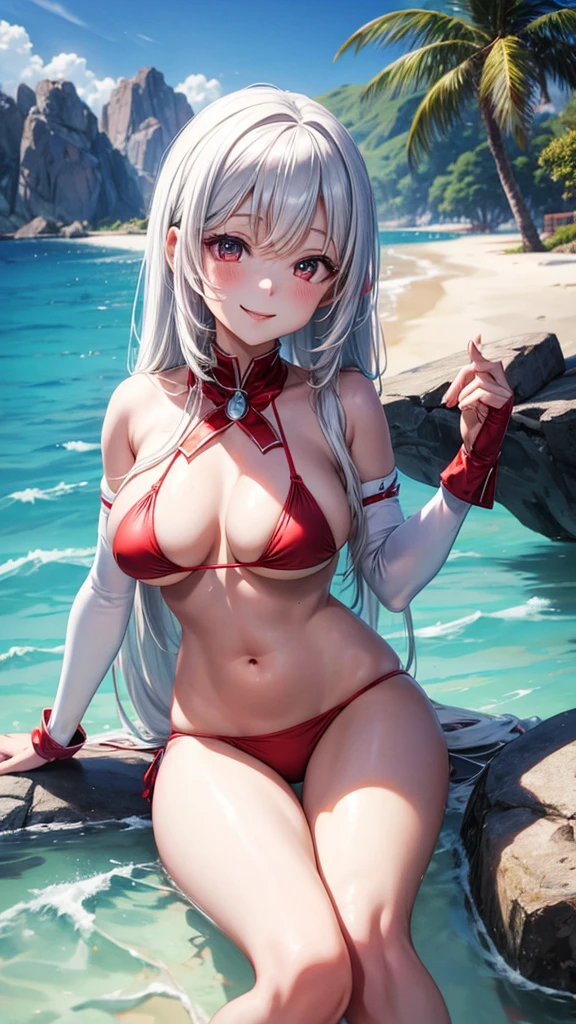 human anime girl white skin red bikini cosplay futa nsfw happy smiling seductive posing sitting front 