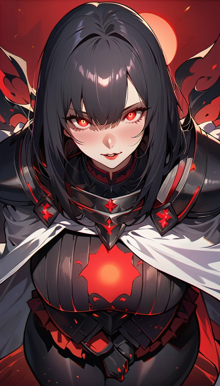 (high quality, 8k, 4K, high contrast, artwork:1.2, high quality, best aesthetics), (centered), ((1 woman)), erotic, sensual, mature body, super detailed, beautiful face detailed, beautiful eyes detailed, detailed beautiful mouth, perfect breats, perfect wide thighs, (black hair), (short black hair), (messy black hair), (red eyes glowing), (proud and sadistic expression), (black medieval armor), (shoulder pads), (long white cape), (ruffled black skirt), (standing), (looking at the viewer), (piercing gaze), (red sun in the background), (red lighting)