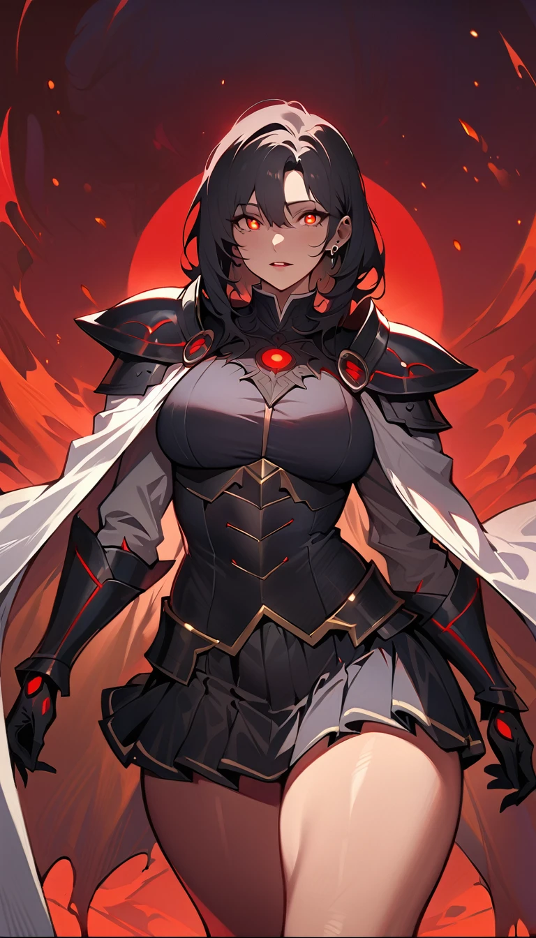(high quality, 8k, 4K, high contrast, artwork:1.2, high quality, best aesthetics), (centered), ((1 woman)), erotic, sensual, mature body, super detailed, beautiful face detailed, beautiful eyes detailed, detailed beautiful mouth, perfect breats, perfect wide thighs, (black hair), (short black hair), (messy black hair), (red eyes glowing), (smudged eyeliner), (serious expression), (black medieval armor), (shoulder pads), (long white cape), (ruffled black skirt), (standing), (looking at the viewer), (piercing gaze), (red sun in the background), (red lighting)