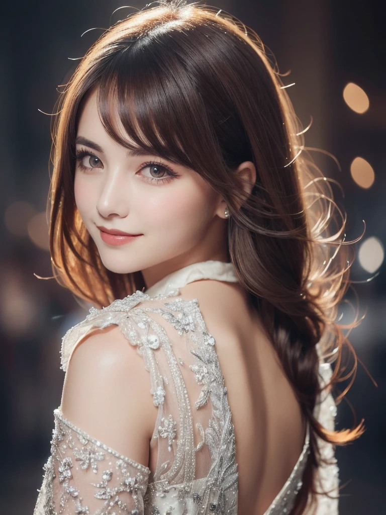 A stunning portrait of Anna Dittman-like beauty, dressed in a fitted red and white dress with fur trim, wide sleeves, and gloves, set against a darker bokeh background. Her long ash-brown hair cascades down her back as she gazes directly at the viewer with a captivating smile (1, 4). Her realistic violet eyes sparkle with intrigue. The focus is sharp, highlighting the intricate details of her outfit, from the delicate patterns to the subtle texture of the fur trim. A stunning example of hyper-detailed close-up photography.