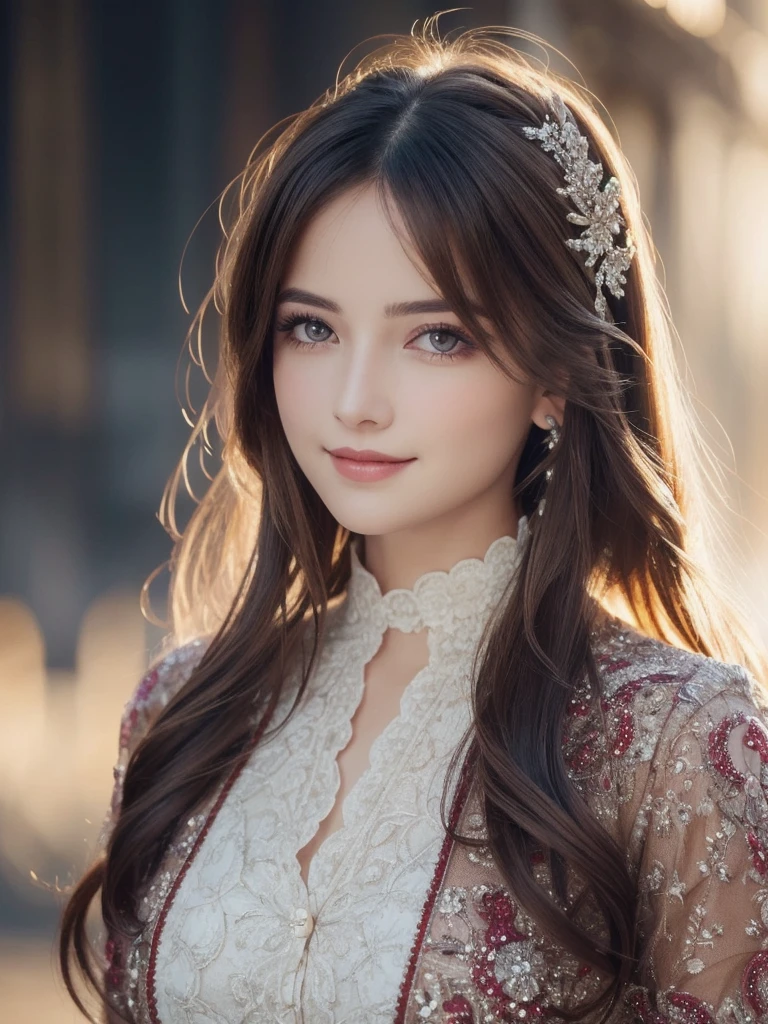 A stunning portrait of Anna Dittman-like beauty, dressed in a fitted red and white dress with fur trim, wide sleeves, and gloves, set against a darker bokeh background. Her long ash-brown hair cascades down her back as she gazes directly at the viewer with a captivating smile (1, 4). Her realistic violet eyes sparkle with intrigue. The focus is sharp, highlighting the intricate details of her outfit, from the delicate patterns to the subtle texture of the fur trim. A stunning example of hyper-detailed close-up photography.