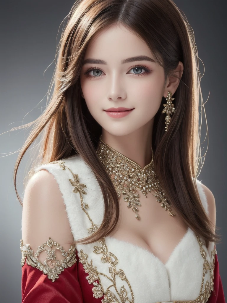 A stunning portrait of Anna Dittman-like beauty, dressed in a fitted red and white dress with fur trim, wide sleeves, and gloves, set against a darker bokeh background. Her long ash-brown hair cascades down her back as she gazes directly at the viewer with a captivating smile (1, 4). Her realistic violet eyes sparkle with intrigue. The focus is sharp, highlighting the intricate details of her outfit, from the delicate patterns to the subtle texture of the fur trim. A stunning example of hyper-detailed close-up photography.