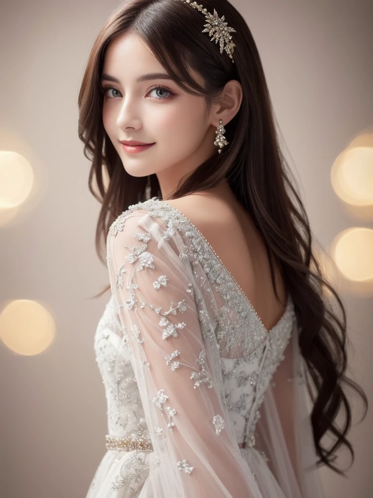 A stunning portrait of Anna Dittman-like beauty, dressed in a fitted red and white dress with fur trim, wide sleeves, and gloves, set against a darker bokeh background. Her long ash-brown hair cascades down her back as she gazes directly at the viewer with a captivating smile (1, 4). Her realistic violet eyes sparkle with intrigue. The focus is sharp, highlighting the intricate details of her outfit, from the delicate patterns to the subtle texture of the fur trim. A stunning example of hyper-detailed close-up photography.