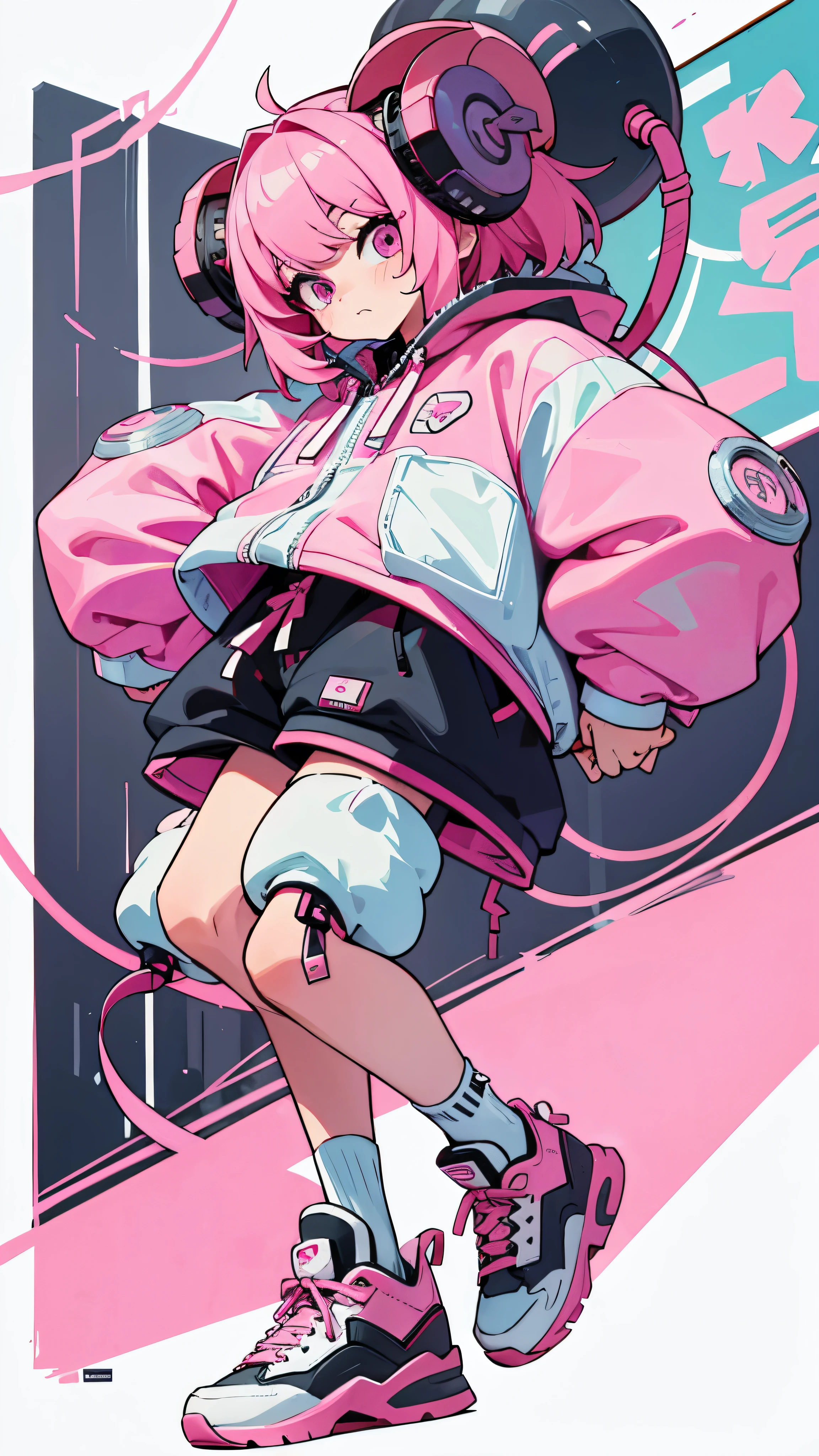 Pink sheep themed characters, Wearing big sneakers, cyber punk, ram's horn, Keep the background simple, Magazine cover design, Pale pink hair, cloud hair, light smile, closed eyes, pink hair, whole body, Magazine Cover, Magazine Design, magazine, projected inset, uhd, highres, best quality, 8k、Enter text