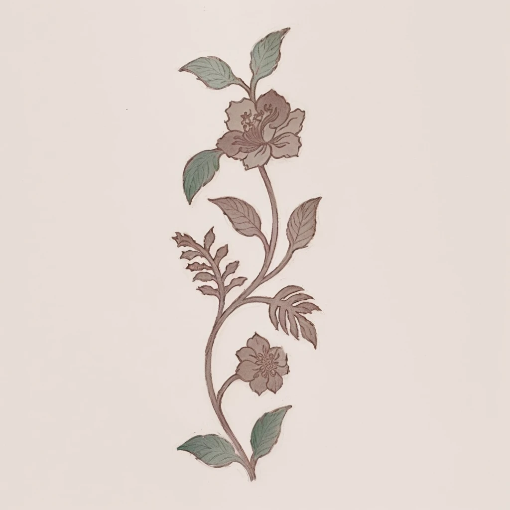 there is a drawing of a flower with leaves on it, flower motif, ornate flower design, inspired by Katsushika Ōi, delicate garden on paper, inspired by Pierre-Joseph Redouté, floral ornaments, elaborate floral ornament, fantasy flowers and leaves, flowers and foliage, boho floral vines, intricate flower designs, floral pattern, persian folkore illustration