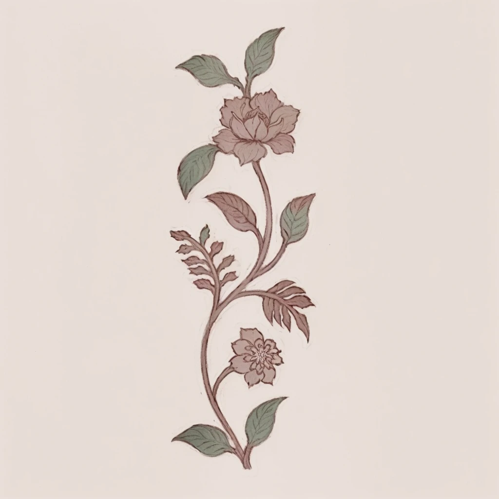 there is a drawing of a flower with leaves on it, flower motif, ornate flower design, inspired by Katsushika Ōi, delicate garden on paper, inspired by Pierre-Joseph Redouté, floral ornaments, elaborate floral ornament, fantasy flowers and leaves, flowers and foliage, boho floral vines, intricate flower designs, floral pattern, persian folkore illustration