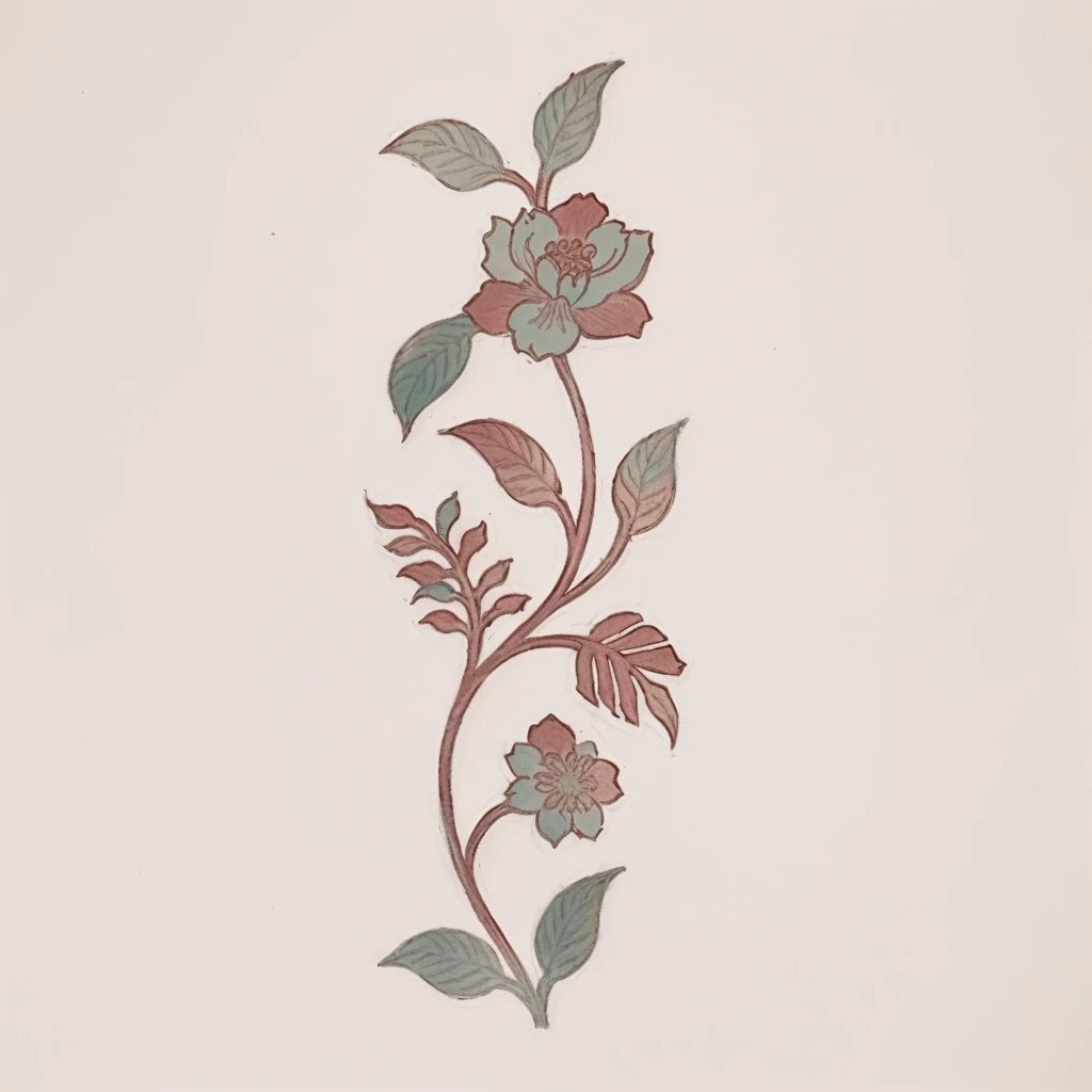 there is a drawing of a flower with leaves on it, flower motif, ornate flower design, inspired by Katsushika Ōi, delicate garden on paper, inspired by Pierre-Joseph Redouté, floral ornaments, elaborate floral ornament, fantasy flowers and leaves, flowers and foliage, boho floral vines, intricate flower designs, floral pattern, persian folkore illustration