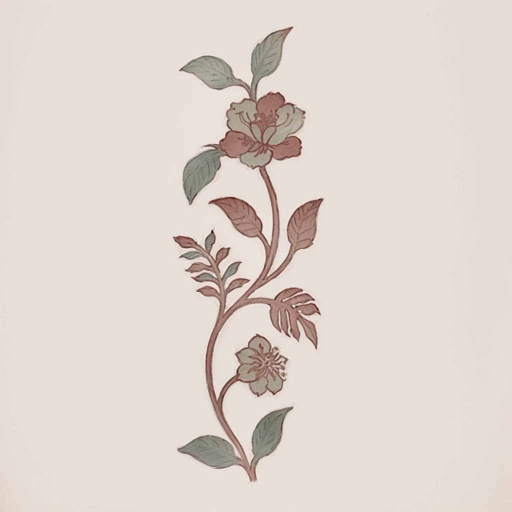 there is a drawing of a flower with leaves on it, flower motif, ornate flower design, inspired by Katsushika Ōi, delicate garden on paper, inspired by Pierre-Joseph Redouté, floral ornaments, elaborate floral ornament, fantasy flowers and leaves, flowers and foliage, boho floral vines, intricate flower designs, floral pattern, persian folkore illustration