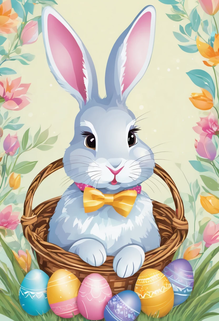A delightful and colorful vector illustration of an Easter bunny in a serene, pastel-hued setting. The bunny, adorned with a simple yet elegant bowtie, holds a basket brimming with vibrant Easter eggs, each featuring a distinct pattern. The background radiates a festive atmosphere, with an ethereal blend of pastel colors and subtle white hues, text:"Páscoa Feliz," adds a cheerful and welcoming element to the composition, inviting viewers to celebrate the joy of the season.