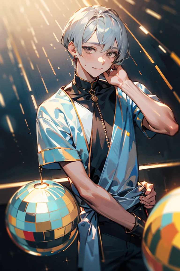 ((melhor qualidade)), ((obra de arte)), (detalhado), male, short hair, silver hair, silver eyes, disco ball earrings, silver clothes, revealing clothes, teasing face, flirty expression