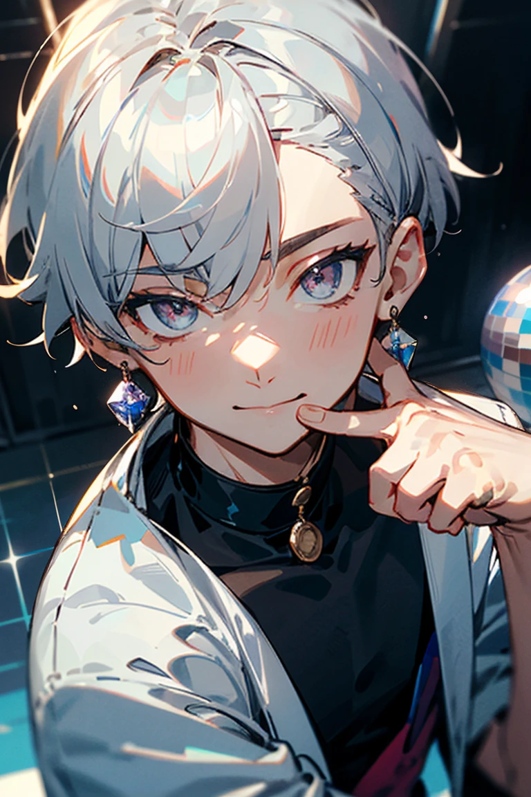 ((melhor qualidade)), ((obra de arte)), (detalhado), male, short hair, silver hair, silver eyes, disco ball earrings, silver clothes, revealing clothes, teasing face, flirty expression