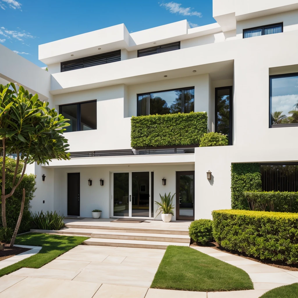 realistic photography. natural light. architectural Digest magazine quality photo. houzz photo. beautiful exterior looking into a front door. Ultra modern , curvy, luxury, ultra modern, plush home. flat roof, marbella, popular exterior home style. Scandinavian. Lloyd wright entrance that has a curved wall which encompasses small front yard. white stucco. peaceful potted plants at entrance. sunny day.