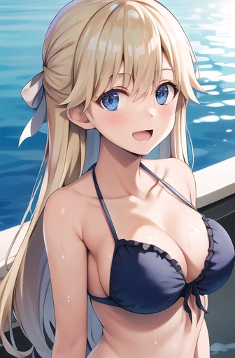 masterpiece, Highest quality, High resolution, One girl, alone, Long Hair, Blonde, Hair Ribbon, bangs, blue eyes, Frilled bikini, Poolside, Wet, 部分的にwater没した, water, smile, Open your mouth,