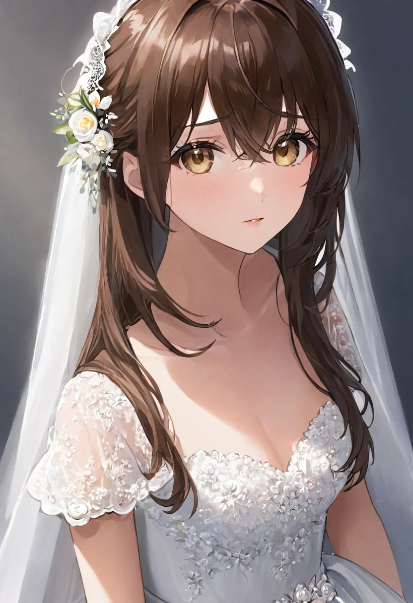 Woman with dark brown hair.Hazel eyes.She wears a wedding dress