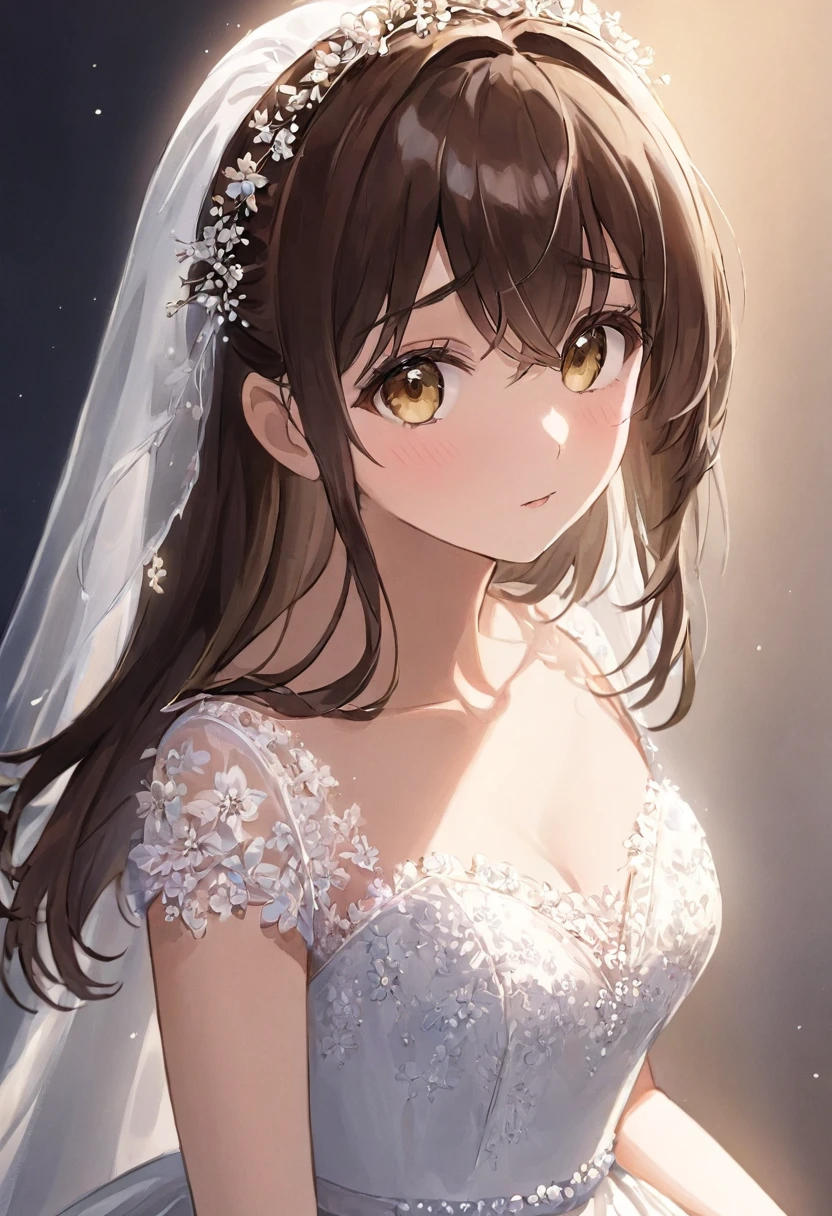 Woman with dark brown hair.Hazel eyes.She wears a wedding dress