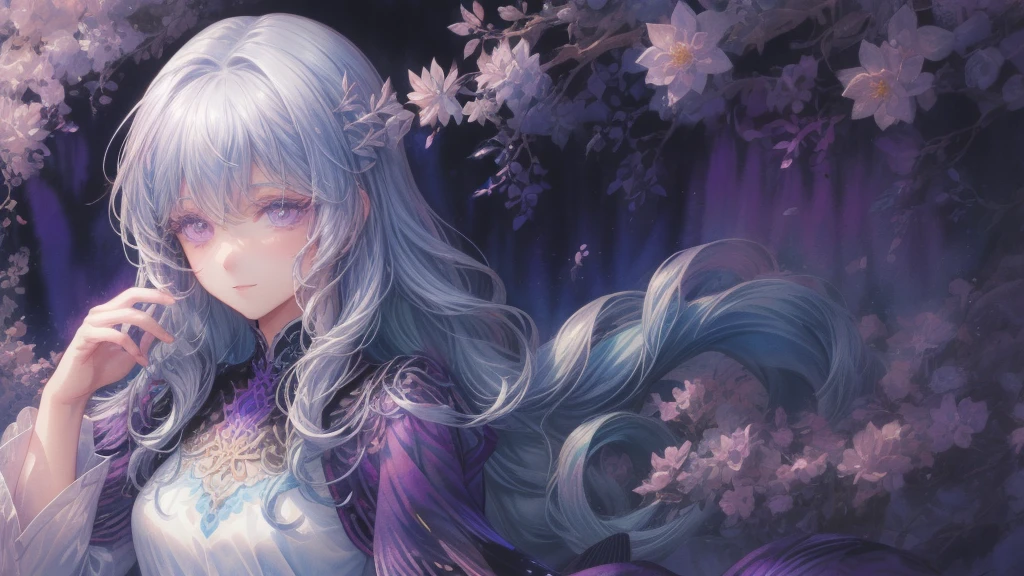 Best Photos、figure、detailed、(Watercolor:1.4)、(Hand-drawn:1.2)、(Watercolor brush bristles)、 masterpiece: 1.7, Highest quality、alone、work、sketch、Paper Texture、Ultra-high resolution、extra detailedd face、Highly detailedd eyes、Flat Color、Limited edition palette、High Contrast、Realistic、Best lighting、welcome、beautiful、Mature Woman、beautiful woman、Purple gemstone eyes, Sexy long bangs,Blue Gem、A small smile、Blanche:1.5、(Tangled、Mandala、Conflict、twist:1)、Background Flowers、Lots of flowers,Upper Body