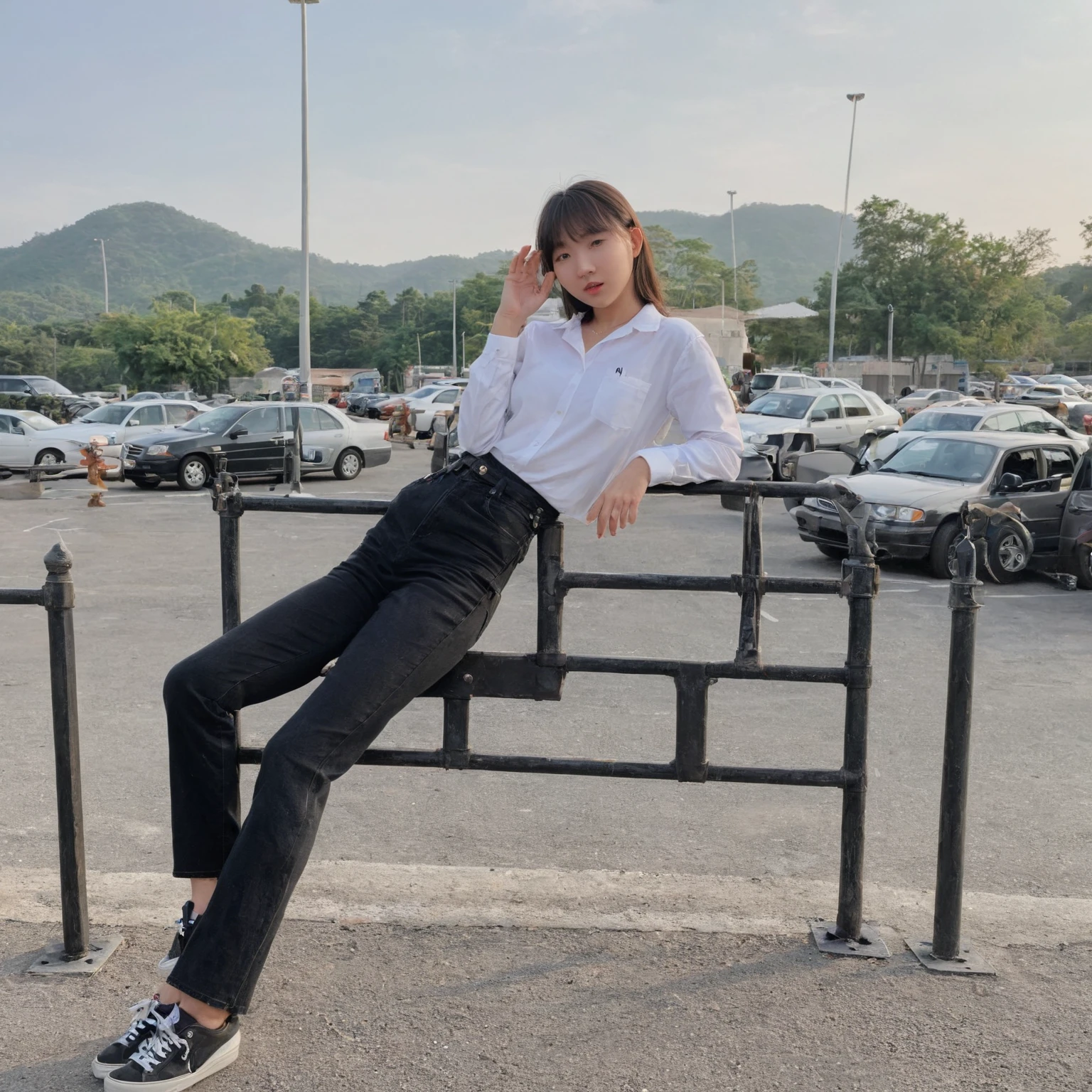 eunjiXL wearing a white shirt and black jeans, sitting on a metal railing. She is posing for the camera, with her hand on her head. The scene takes place in a parking lot, where several cars are parked in the background. There are at least five cars visible in the lot, with one car on the left side, two cars in the middle, and two cars on the right side. The woman appears to be the main focus of the scene, and her outfit and pose create a stylish and confident impression.