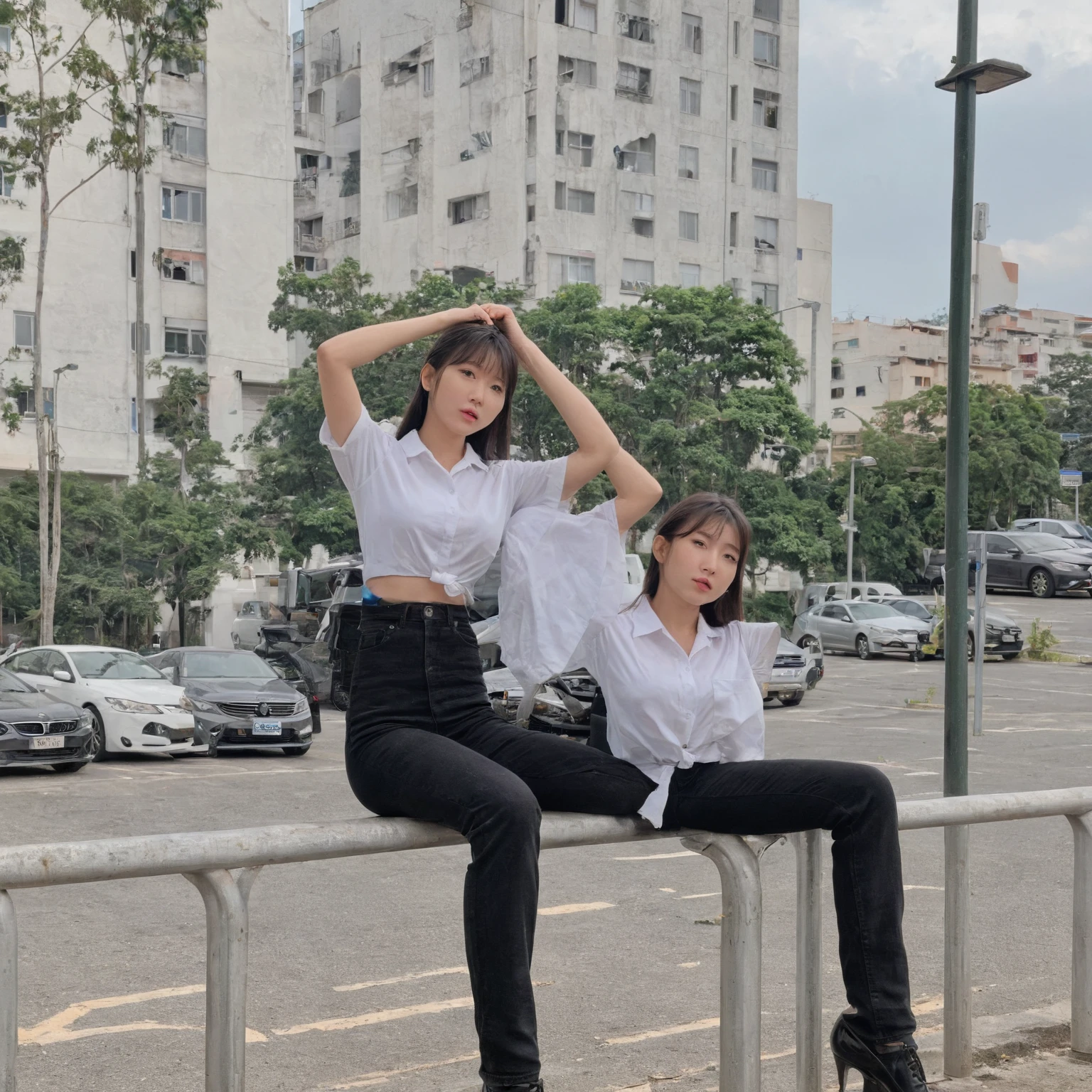 eunjiXL wearing a white shirt and black jeans, sitting on a metal railing. She is posing for the camera, with her hand on her head. The scene takes place in a parking lot, where several cars are parked in the background. There are at least five cars visible in the lot, with one car on the left side, two cars in the middle, and two cars on the right side. The woman appears to be the main focus of the scene, and her outfit and pose create a stylish and confident impression.
