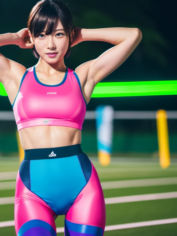 Best quality 8k resolution Ultra detailed Bright neon green competition sportswear Serious facial expression Cute beauty Abs Arms up Very short hair High waisted tights Flat chest Japanese Sharp focus Track and field club Very short hair 27 years old Sweating