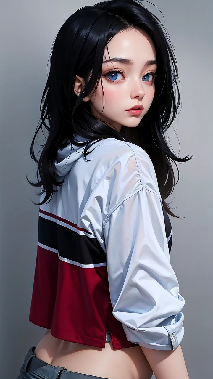 girl, black hair, blue eyes, wear a black cyber punk hoodie jacket, futuristic city in the back