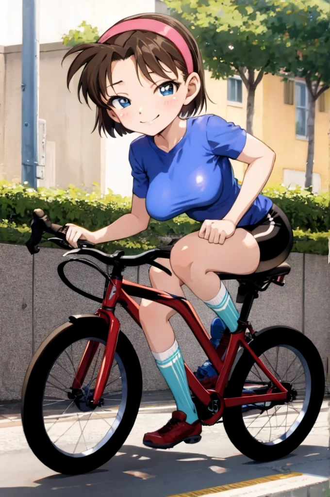 ayumiyoshida, , blue eyes, short hair, brown hair, bangs, hairband, , smile, ,socks,,outdoor,medium breasts,,bike shorts