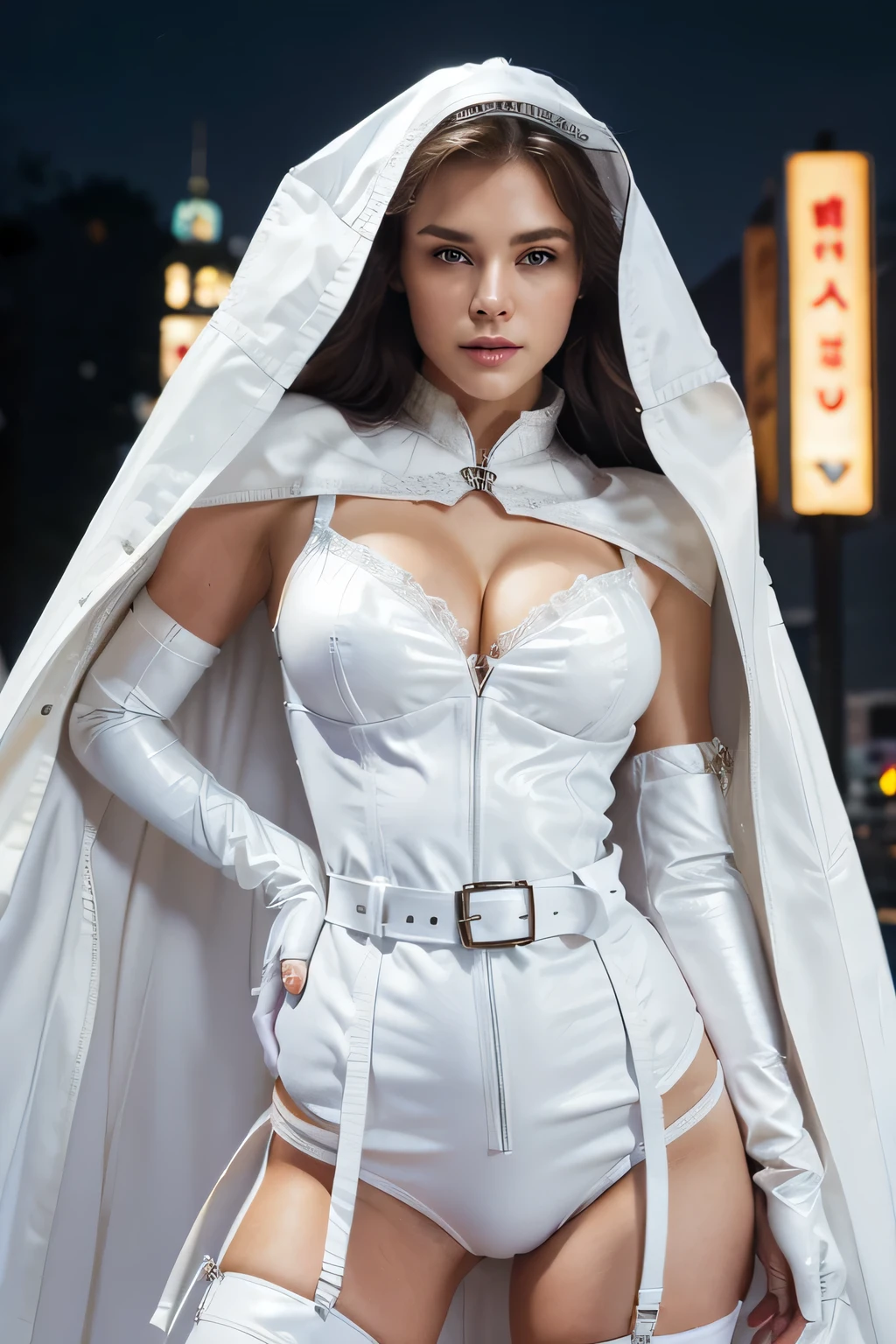 (high quality, masterpiece, detailed), night city detailed scenario, night city detailed background, One, 1 woman, white opera gloves, white leather bodice, life, White cloak, belt, beautiful eyes, look at the viewer, sexy pose