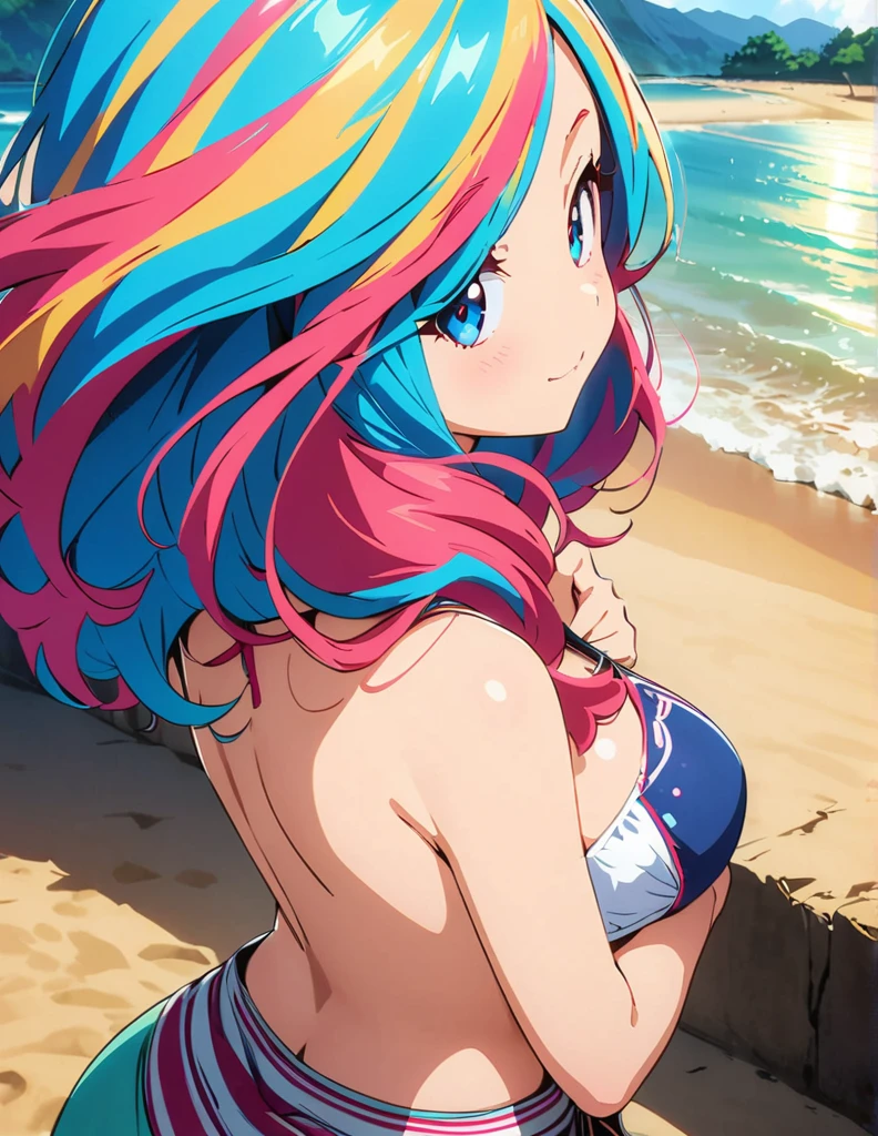 (anime artwork, anime style, studio anime, very detailed, up to date, vibrant, Anime Coloring, high contrast, masterpiece:1.2, best quality, best aesthetics),1 girl,hug from behind,bikini, Medium chest,random hair, One eye is hidden by the bangs, perfect proportions, high detail skin, Cute, detailed faces,beach, precise fingers,curvy,adjusting bikini, from behind, looking back,full body, 