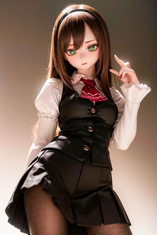 (SFW:2), photorealistic, realistic photo, 8k, ((highest quality)), ((masterpiece)), (extremely detailed), kukolnydom, doll, (mature woman, 21yo, 21 years old, solo:1.6), ((cowboy shot, dynamic pose, slim, slender, skinny, medium breasts, hairband, ascot, vest, shirt, puffy sleeves, pleated skirt, black pantyhose)), (green eyes, brown hair, long hair, plastic skin, looking at another, glass eyes, gradient eyes, shining eyes, detailed eyes:1.3)