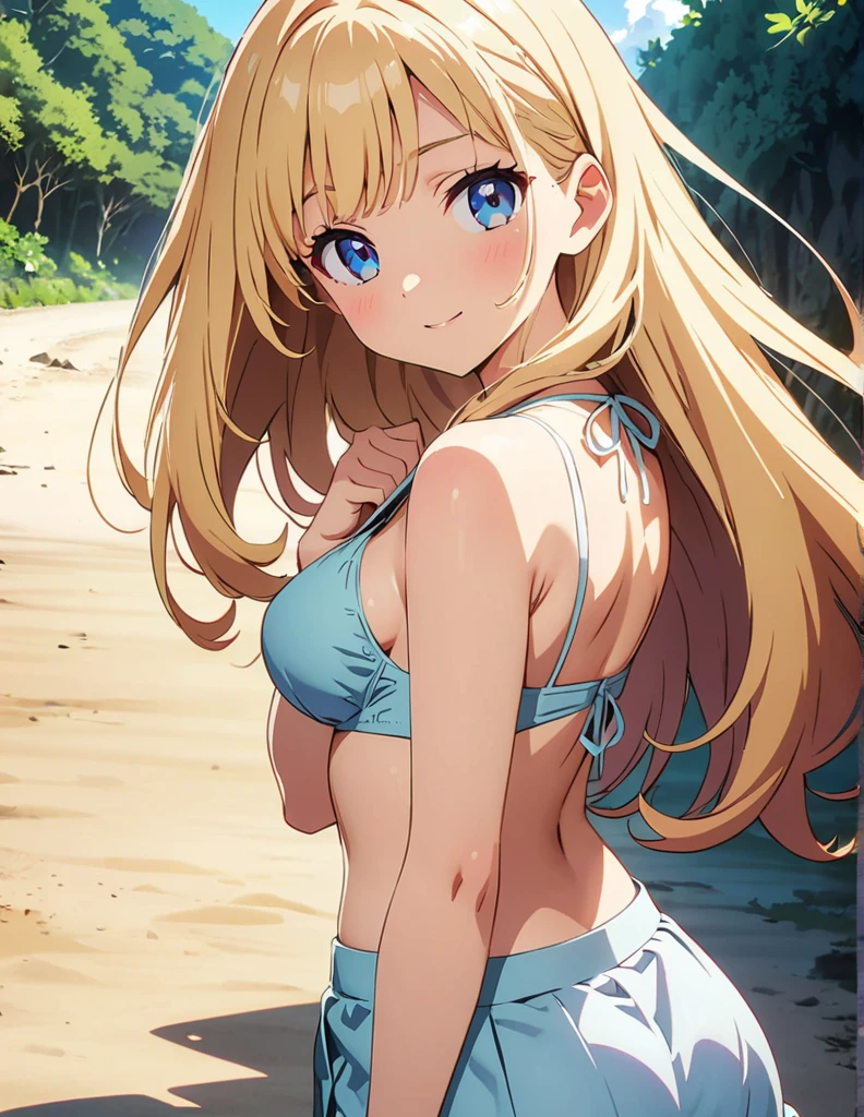 masterpiece, best quality, highly detailed, ultra high res, ayase arisa, 1girl, solo, hair ornament, long blonde hair, glossy lips, medium breasts, aqua eyes, school field, cheerleader, cleavage, midriff, upset, (sinking in mud)