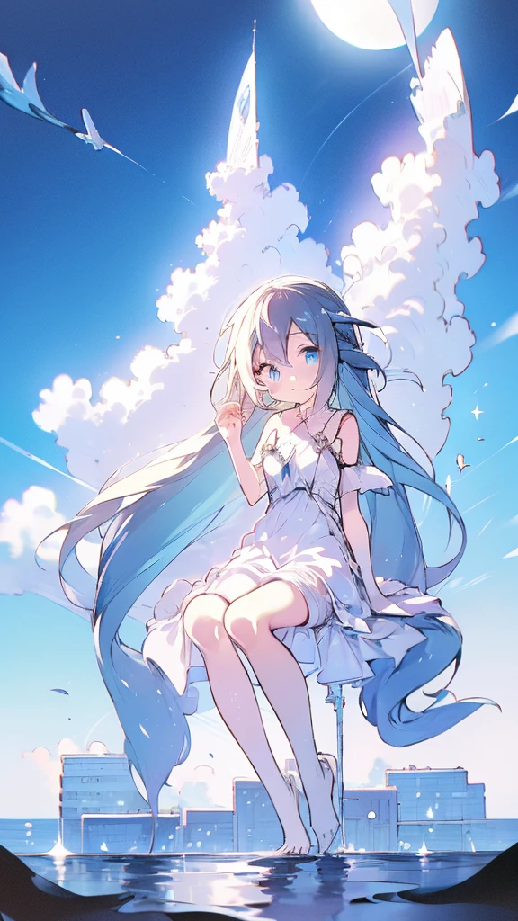 Seven-doppelganger shot，Anime style 4K,High quality anime art style，Standing painting，Splash ink background，Blue Themes、Pure white background,Buildings,Face close-up,Buildings,Moon and sun、Shining Star々,milky way,Bright Sky,Looking at me,Facing forward,Clear eyes and nose,cute,beautiful,Thin legs,sitting by the water, black hair, Blue eyes, girl, bob, front, cute,Blue Background,Long Hair,Whale flying in the blue sky,Buildings,whale,Black Hair,ベリーショート,パーマ,ソバージュ,弓を持つ