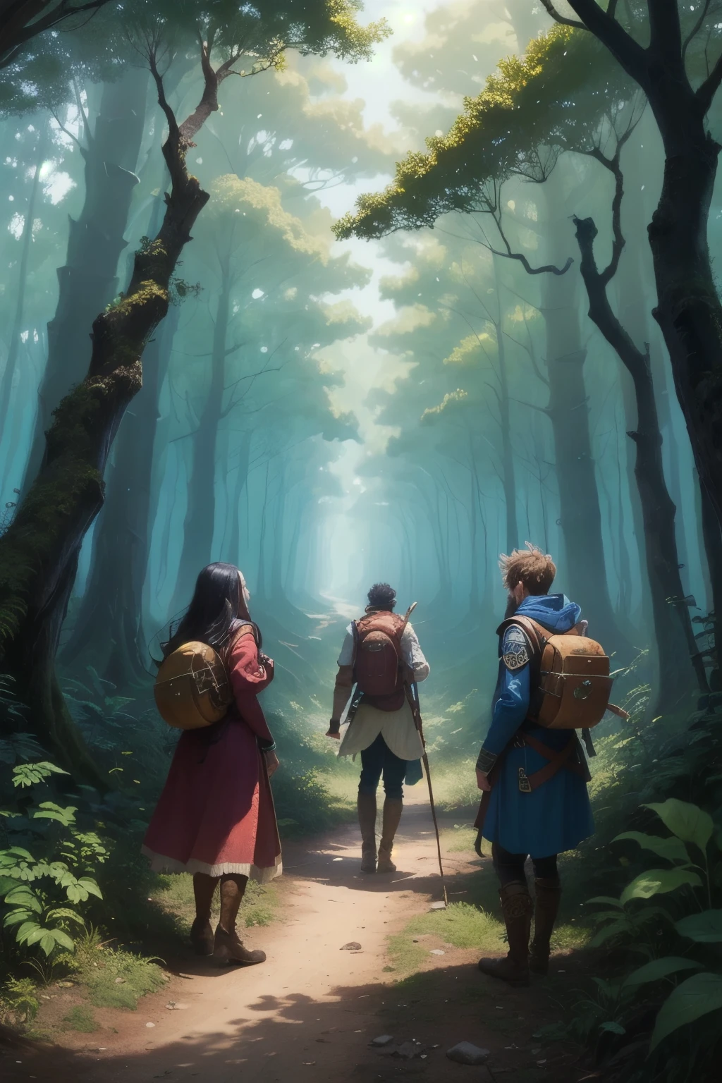Three people walking down a path in the woods with backpacks - SeaArt AI
