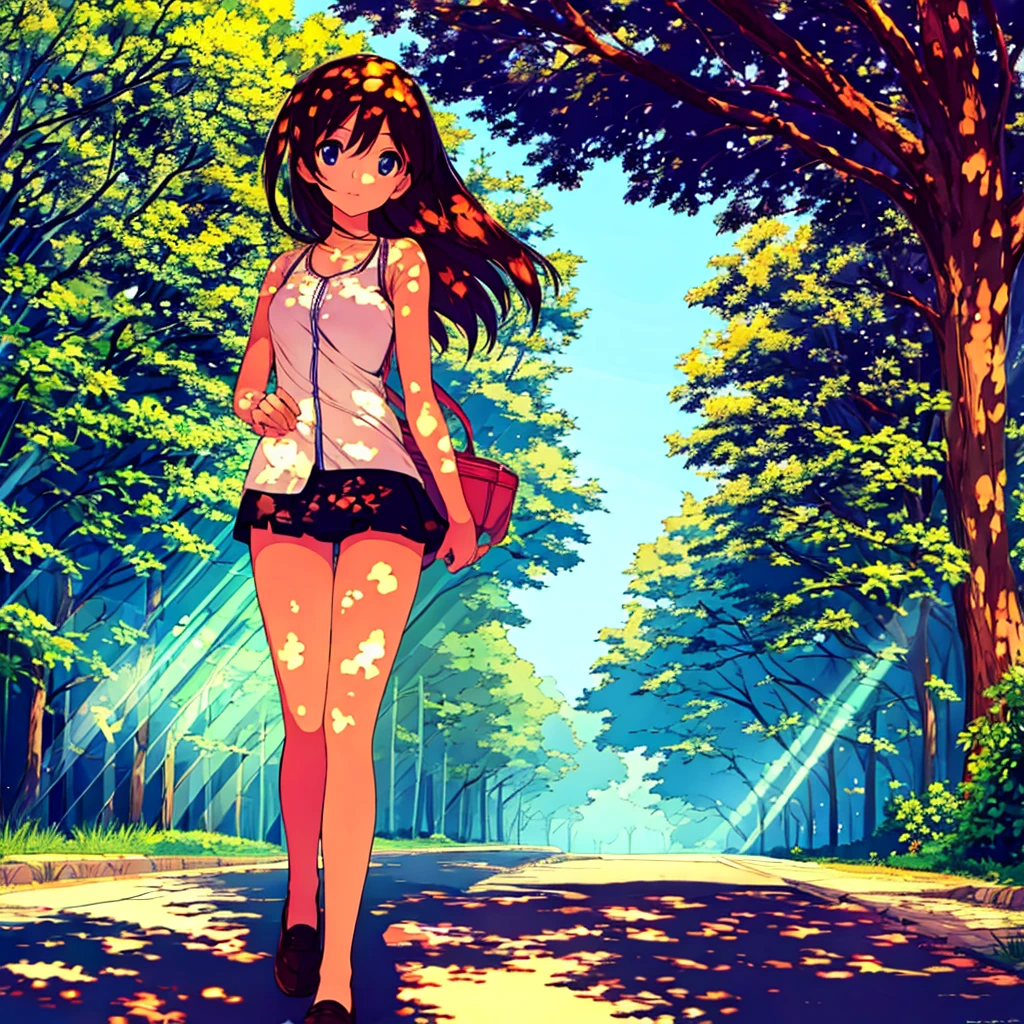 Summer sunlight filtering through the trees, a girl walking down the street