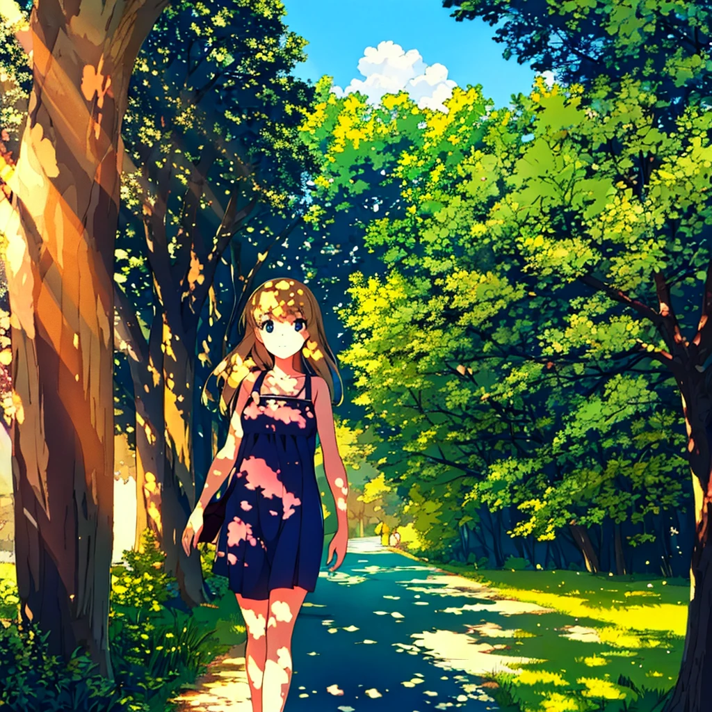 Summer sunlight filtering through the trees, a girl walking down the street