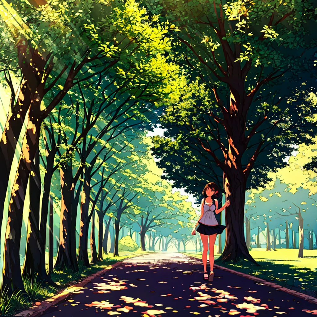 Summer sunlight filtering through the trees, a girl walking down the street