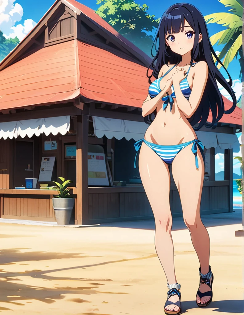 (anime artwork, anime style, studio anime, very detailed, up to date, vibrant, Anime Coloring, high contrast, masterpiece:1.2, best quality, best aesthetics),1 girl,hug from behind,bikini, Medium chest,random hair, One eye is hidden by the bangs, perfect proportions, high detail skin, Cute, detailed faces,beach, precise fingers,curvy,adjusting bikini, from behind, looking back,full body,