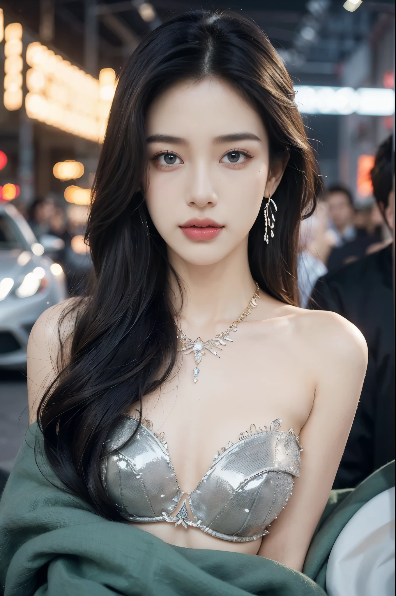 (((best quality))),(((ultra detailed))),(((masterpiece))),illustration,((1girl,gorgeous female model,solo)),((earrings,crystal necklace)),((slim,thin)),((small breasts,flat chest)),(beside a sleek futuristic car:1.3),(strapless glamorres sparkled bra:1.3),intricate embellishments,drop-dead gorgeous,(shoulder length straight hair:1.2),vibrant piercing eyes,delicate facial features,rosy cheeks,parted res lips,confident allure,beauty grace,intricate patterns,shimmering fabric,elegant draping,complementary skin tone,radiates beauty,allure,sleek streamlined design,futurism,smooth curves angles,ambient lighting,ethereal aura,intricate patterns,LED lights,glow,sea of activity,(surrounded by crowded crowds:1.3),examine cars,electric atmosphere,cyberpunk style,excitement anticipation,energy palpable,enthusiasm future automobiles,modern elegance,technological innovation,captivating vibrant scene,invite viewers step into future,embrace beauty,((from front,close-up of face))