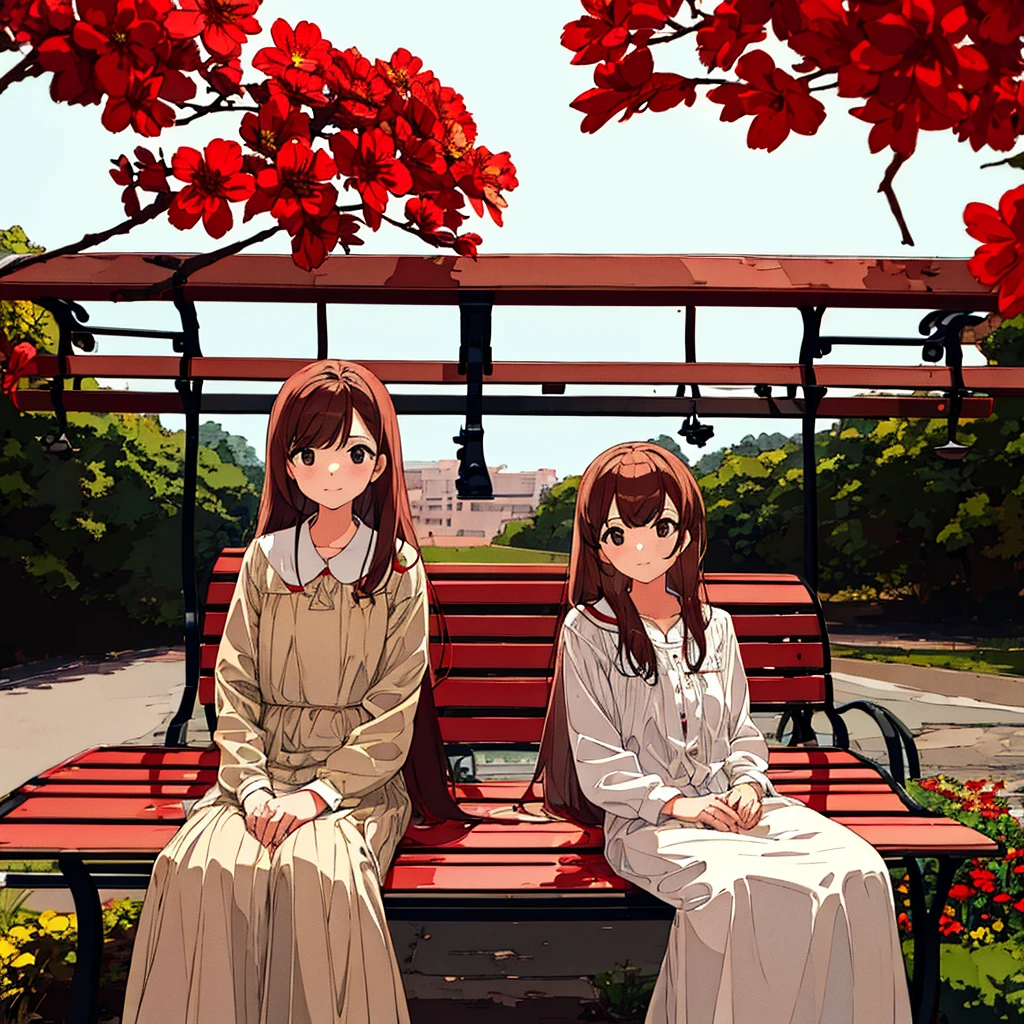 Summer, girl sitting on bench, red flowers, white clothes, brown hair, short, light gray background