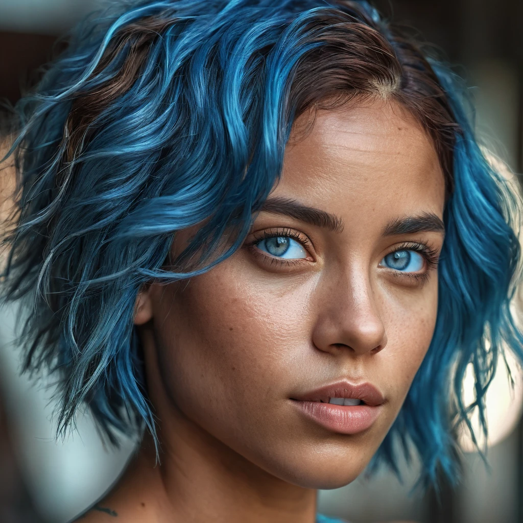 blue hair, curly hair, sparkling eyes, eye reflection, blue eyes, light smile, cinematic lighting, pov, masterpiece, anatomically correct, textured skin, super detail, highres, retina, textured skin, textured skin