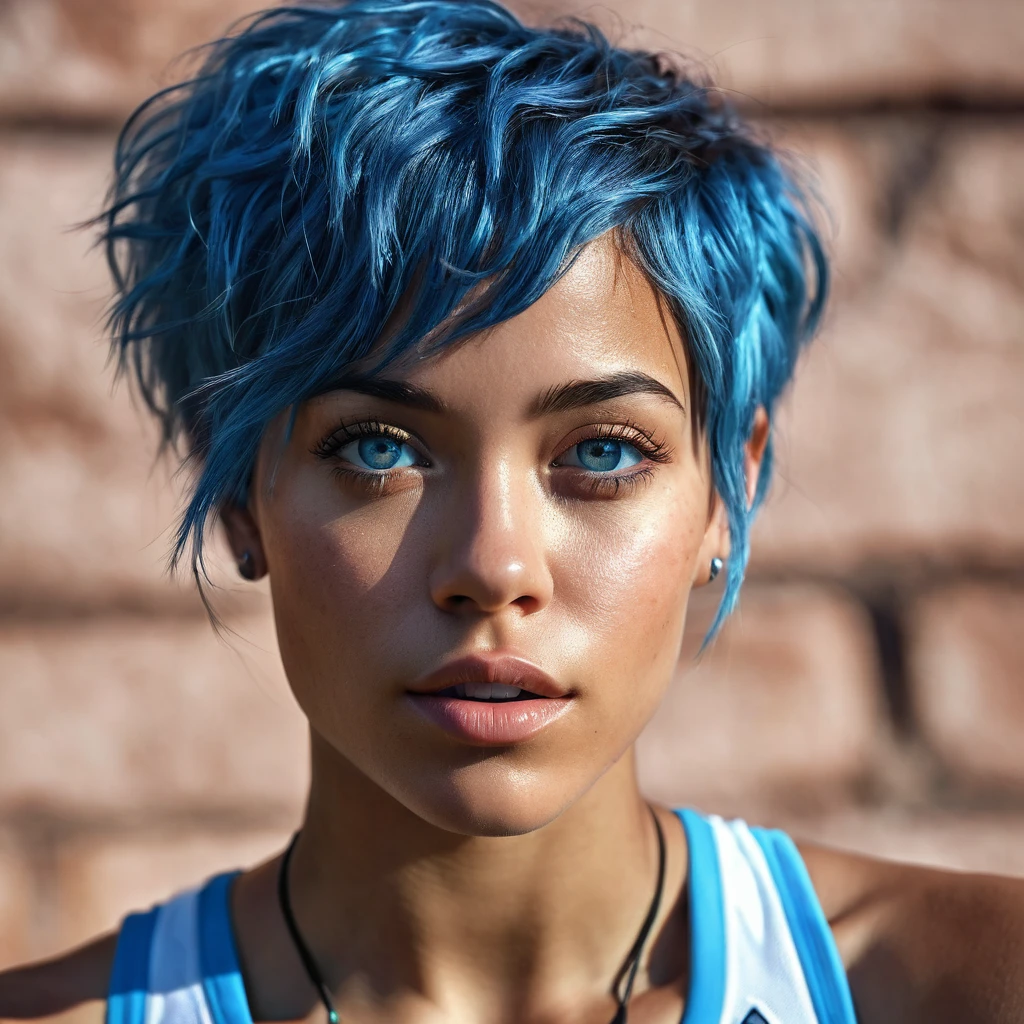 beautiful biracial woman blue hair light blue eyes and , 1 man short brown hair, athletic figure, detailed face, realistic portrait, intricate details, masterpiece, 8k, photorealistic, high quality, cinematic lighting, dramatic colors, vivid and vibrant, digital art, concept art