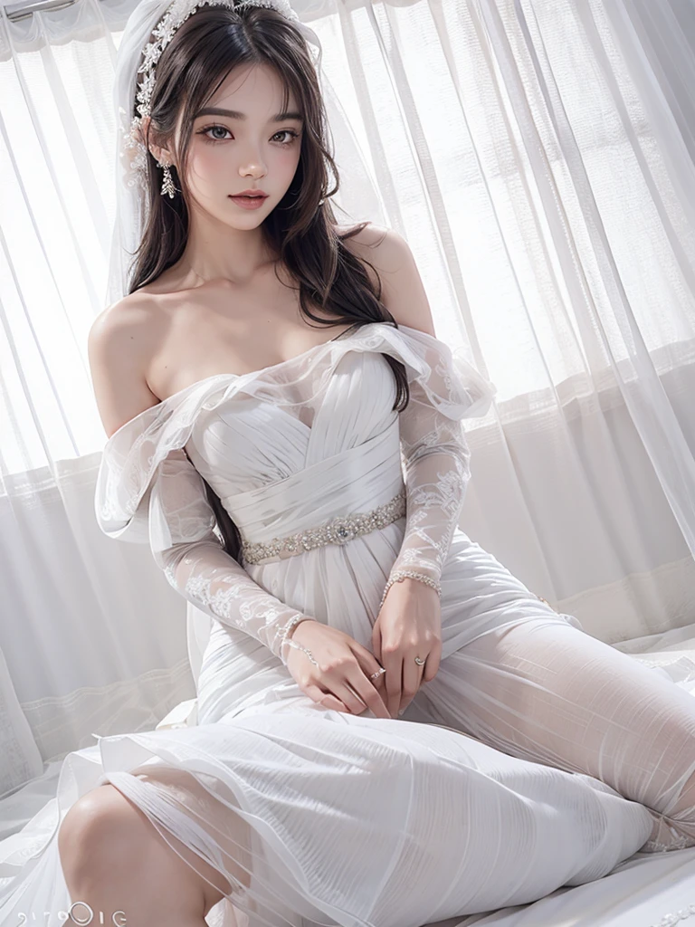 The white cylindrical hat on the back of the head lights up...、whole body、8K、real photo、Super high resolution, master parts, highest quality, nffsw , cinematic images,nice girl、Ann、16age、Annグロサクソン、green eyes、double eyelid、very droopy eyes、(very, very大きな目:1.8)、dark eye shadow、The lips are very thin、The tip of your nose grows beautifully..............、the tip of the nose is small,,,,, very detailed , golden hair、straight hair、very笑顔、 sweet expression 、a very beautiful woman、long legs、 very clear shadows , gem , detailed eye, very intricate, shiny skin , パーフェクトブリリAnnト, perfect lighting, dramatic shadow 、She is wearing a long white silk dress with three layers。。。。。。。。。。。。..Silver embroidery covers the entire surface of a long white silk dress.、lace white dress is very long、white high heels、Hold a closed white fan with both hands、The head has a large white round hood、red flowers in ears