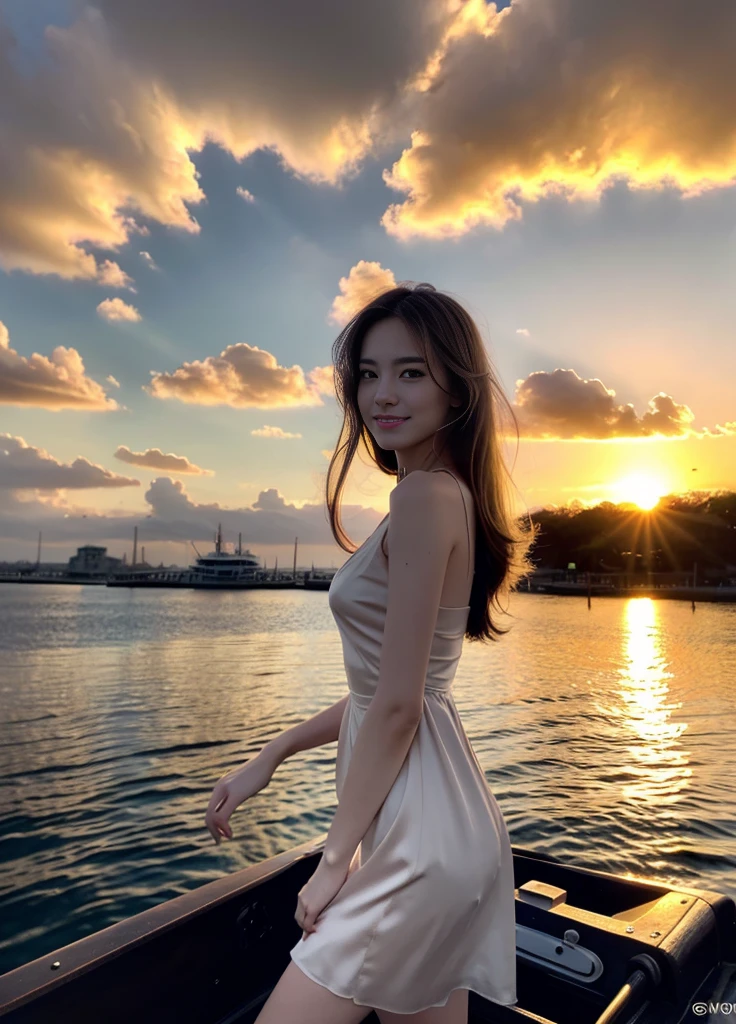 22year old beautiful girl、Beauty、Japanese、Beauty、beautiful girl、slim、Highest quality、Realistic、16K、panoramic、((Best Quality, 8k, Masterpiece: 1.3)), 1 girl, full body, slim face, beautiful woman,Only one girl、((Perfect body)))、(masterpiece)、((Highest quality))、(Ultra-detailed)、((Very delicate and beautiful))A woman from Arad in a dress stands on a boat and looks out at the water, As the sun sets, Watching the beautiful sunset, With the sunset, Sunset and big clouds behind her, vivid sky, At sunset, The sun sets late, Shot with Canon EOS 5D Mark IV, In the sunset, sunrise, The sun sets late, At sunset, Shot on Sony Alpha 9、smile
