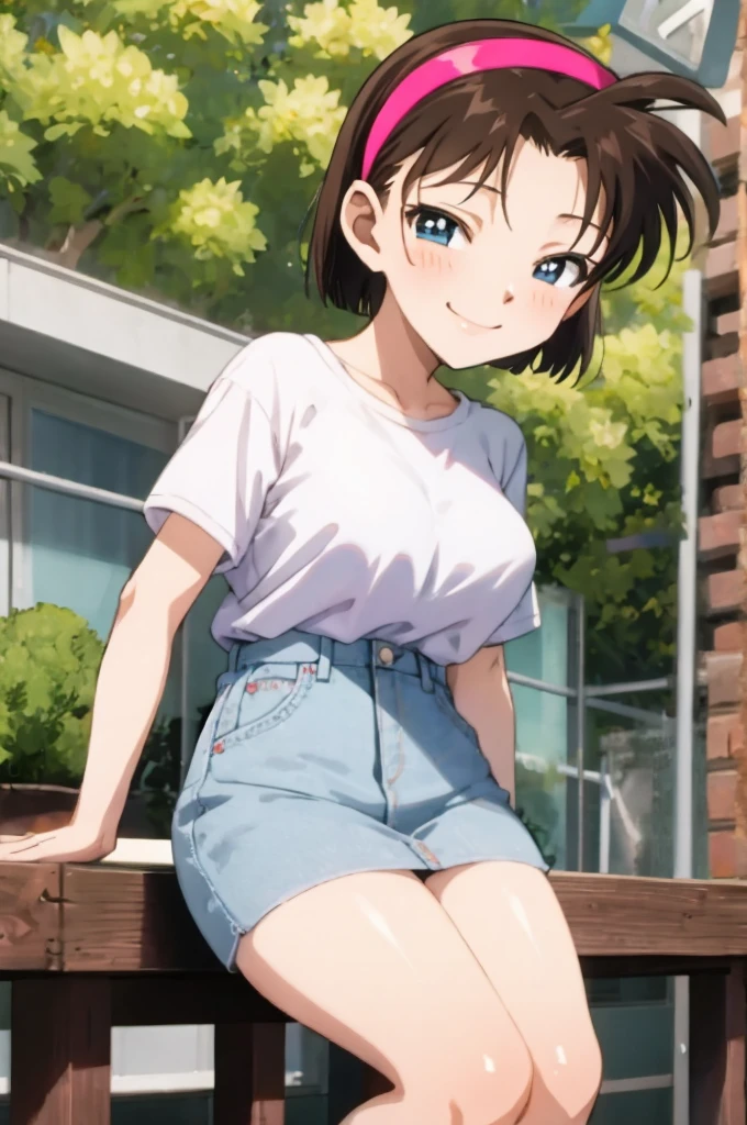 ayumiyoshida, , blue eyes, short hair, brown hair, bangs, hairband, school gym shirts,school gym shorts, smile, ,socks,,outdoor,medium breasts,nsfw