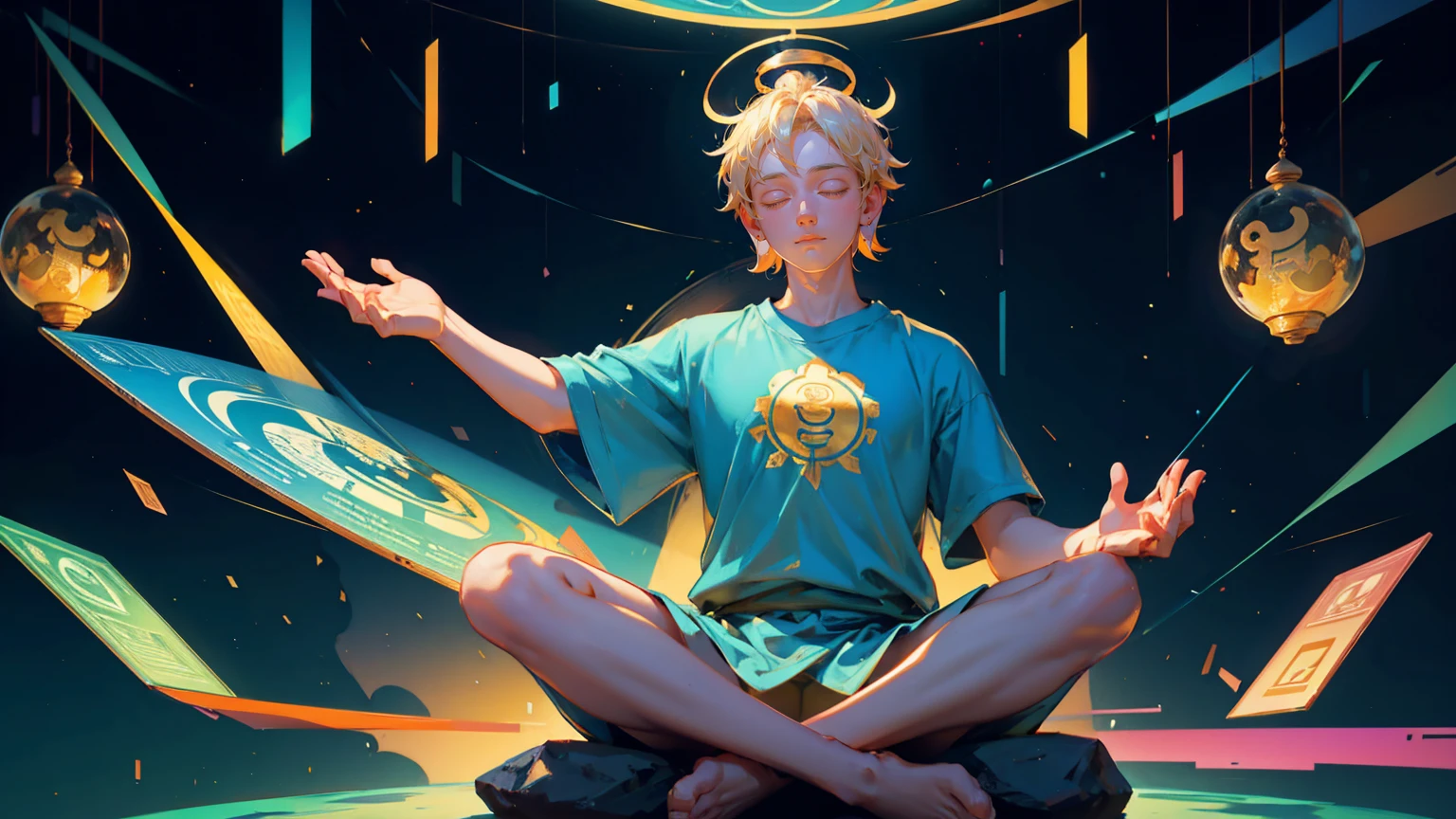 Create an illustration of the Buddha meditating in lotus position with his hands spread out, wearing blue t-shirt that says ".Compute high, sell low pro" , surrounded by colorful charts and graphs showing bitcoin's trends, floating above him is golden halo, coins flying around in background, The scene should have psychedelic colors and dreamlike elements, giving it a surrealistic feel,