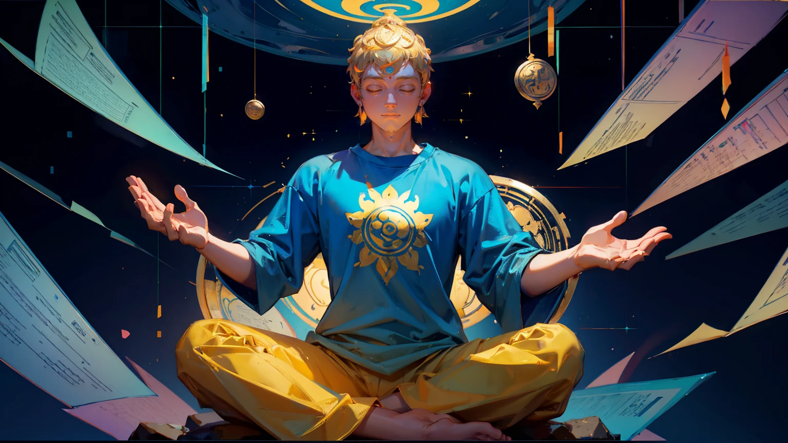 Create an illustration of the Buddha meditating in lotus position with his hands spread out, wearing blue t-shirt that says ".Compute high, sell low pro" , surrounded by colorful charts and graphs showing bitcoin's trends, floating above him is golden halo, coins flying around in background, The scene should have psychedelic colors and dreamlike elements, giving it a surrealistic feel,