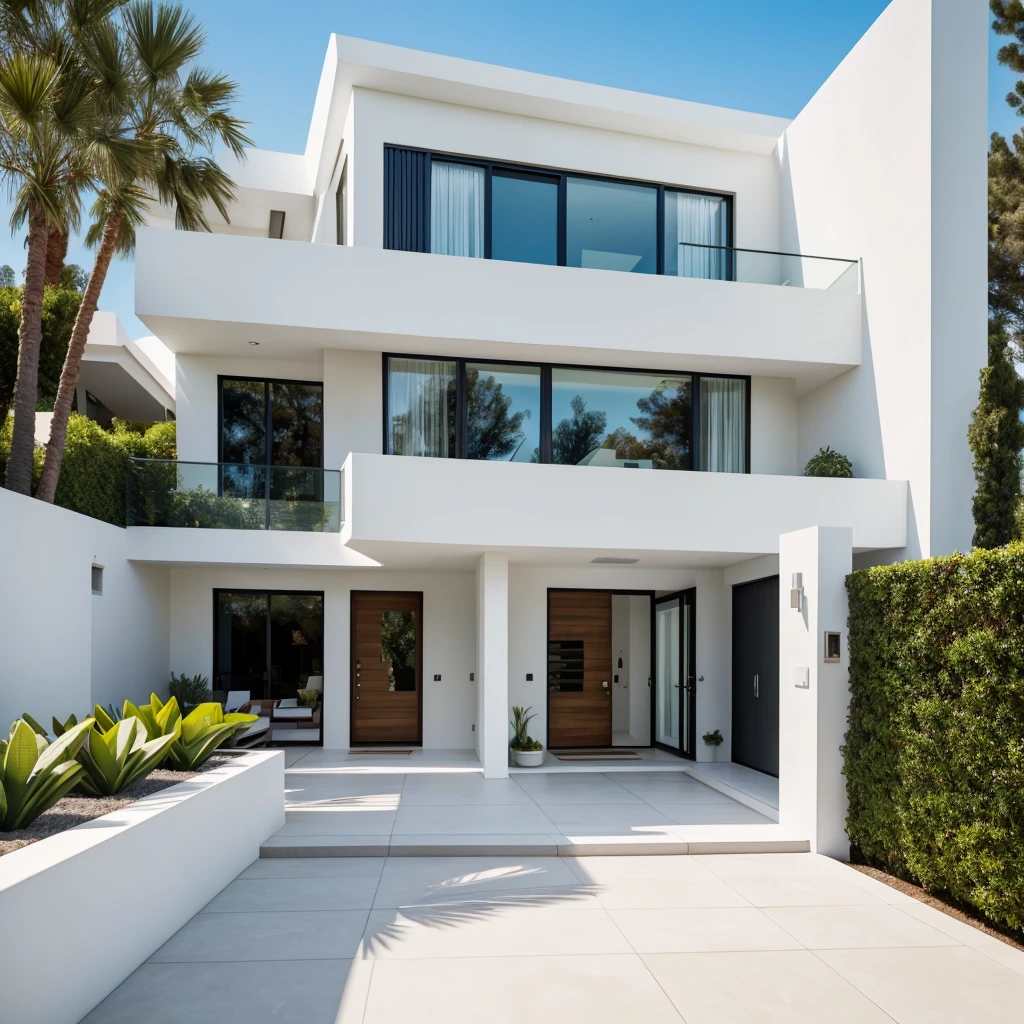 realistic photography. natural light. architectural Digest magazine quality photo. houzz photo. beautiful exterior looking into a front door. Ultra modern , curvy, luxury, ultra modern, plush home. flat roof, marbella, popular exterior home style. Scandinavian. entrance that has a curved wall which encompasses small front yard. white stucco. peaceful potted plants at entrance. sunny day.