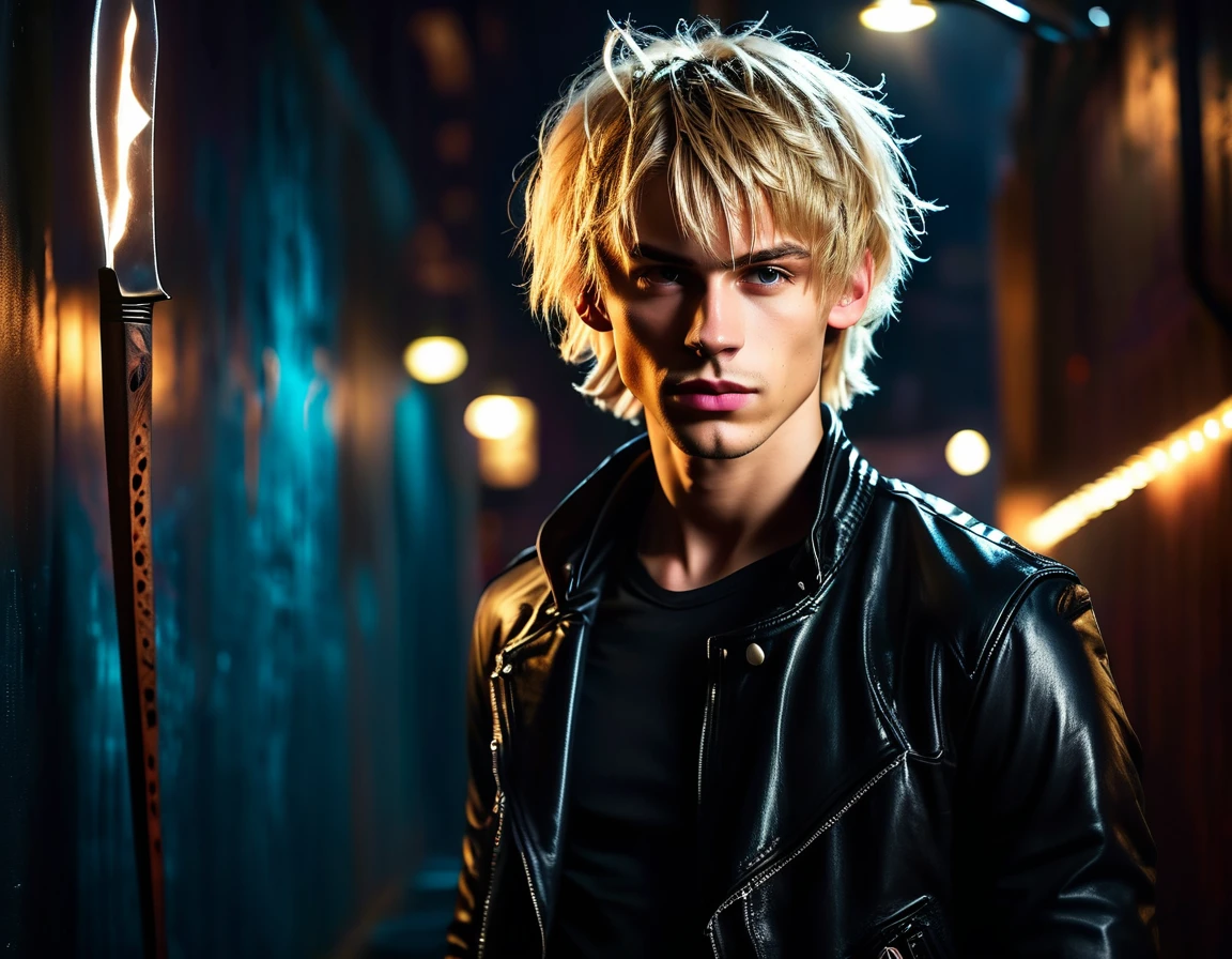 Photorealistic, dark vibes, solo, young man, forward facing shot, volumetric lighting, 22 years, pale skin, model (skinny:1.3), (short textured messy blond hair with fringe:1.5), night club, BDSM club background, (black leather jacket:1.3), holding knife, dark lighting, demonic smile