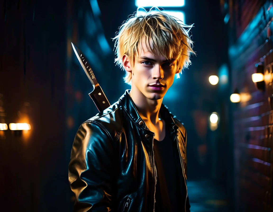 Realistic, forward facing shot, solo, young male model, 22 years, pale skin, model (skinny:1.3), (short messy blond hair:1.5), (black leather jacket:1.3), holding a knife, dark lighting, evil, sexy, demon, night club setting, BDSM background
