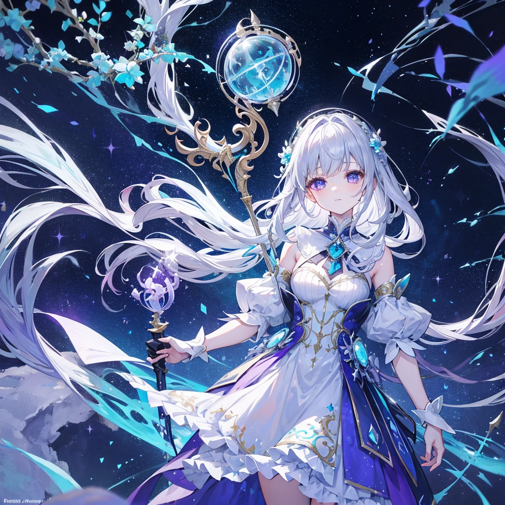 A magical girl with flowing silver hair and sparkling violet eyes, standing in an enchanted forest. She holds a glowing staff with intricate runes, and her dress is adorned with luminescent crystals. The forest is filled with bioluminescent plants and mythical creatures, with a cascading waterfall in the background that defies gravity. The atmosphere is ethereal, with mist and magical particles floating in the air.