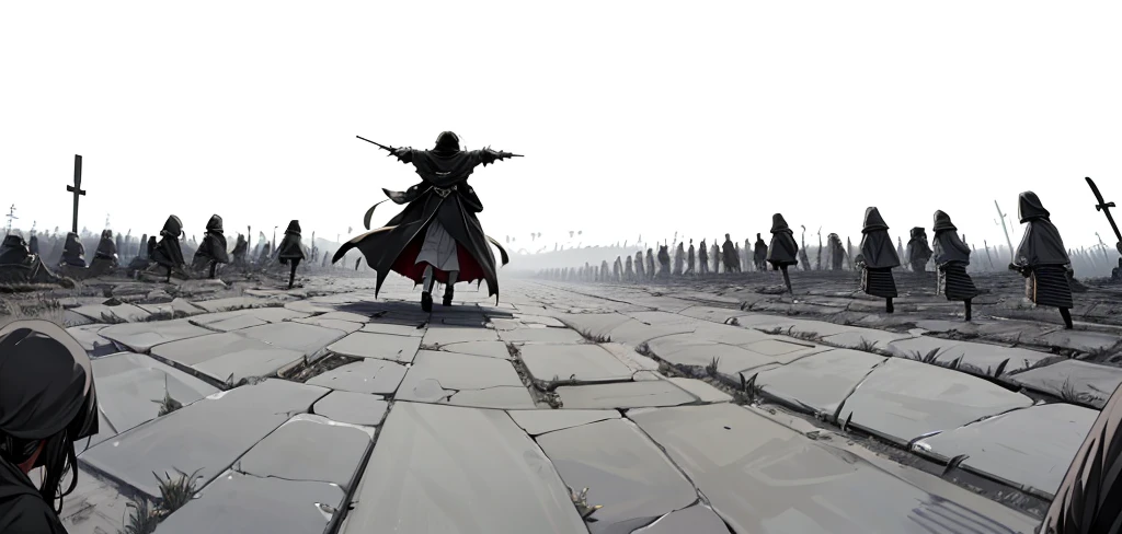 diagonal angle, ground level shot, low level shot, low angle, dutch angle. attacking horde of robed skeletons, a defeated girl againsy army of robed skeletons marching eerily towards her, hurt girl fallen on the ground facing huge crowd of robed skeletons, girl facing away, girl on the ground from behind, girl seen from the back, off centered three-point perspective, cinematic, rule of thirds, black and white