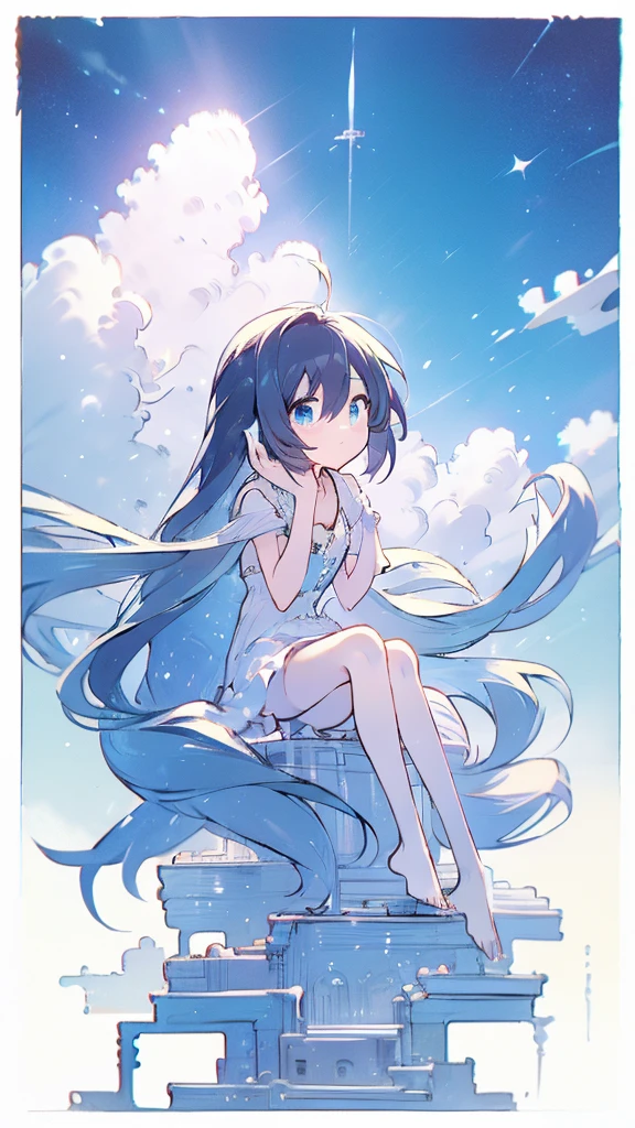 Seven-doppelganger shot,Anime style 4K,High quality anime art style,Standing painting,Splash ink background,Blue Themes、Pure white background,Buildings,Face close-up,Buildings,Moon and sun、Shining Star々,milky way,Bright Sky,Looking at me,Facing forward,Clear eyes and nose,cute,beautiful,Thin legs,sitting by the water, black hair, Blue eyes, girl, bob, front, cute,Blue Background,Long Hair,Whale flying in the blue sky,Buildings,whale,Black Hair